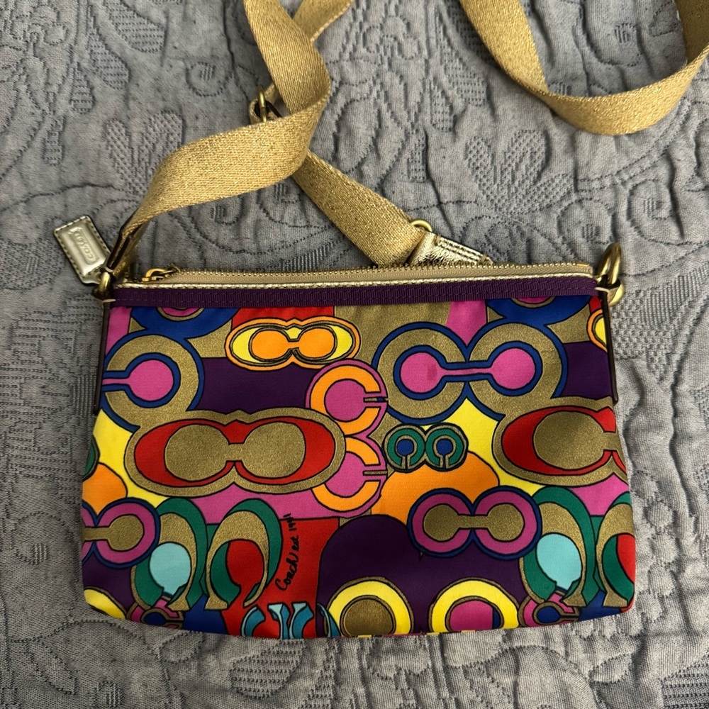 Rare Coach Poppy Crossbody Satin Bag Gold Multicolor Spring Summer handbag - Picture 4 of 9
